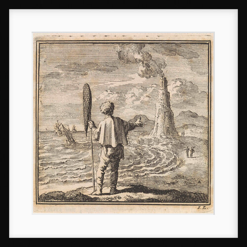 Beach scene with a man who points to a smoking lighthouse by Pieter Arentsz & Cornelis van der Sys II
