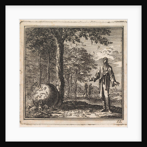 Man sees a tree which is losing its leaves, next to which lies a globe among bones by Pieter Arentsz & Cornelis van der Sys II