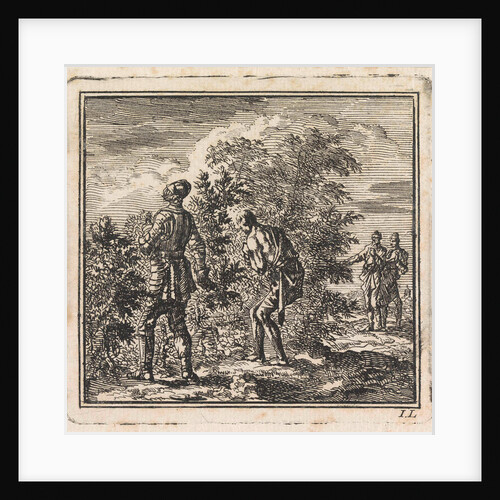 Armored man and half-naked man trying to walk through a pricklebush by Cornelis van der Sys II