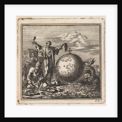 Two men enjoy food and drink while Satan is watching from behind the globe by Pieter Arentsz & Cornelis van der Sys II