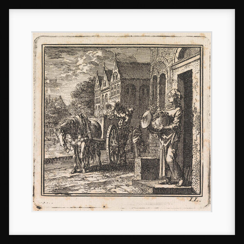 Woman in front of a house with a trash can in the form of a globe by Cornelis van der Sys II