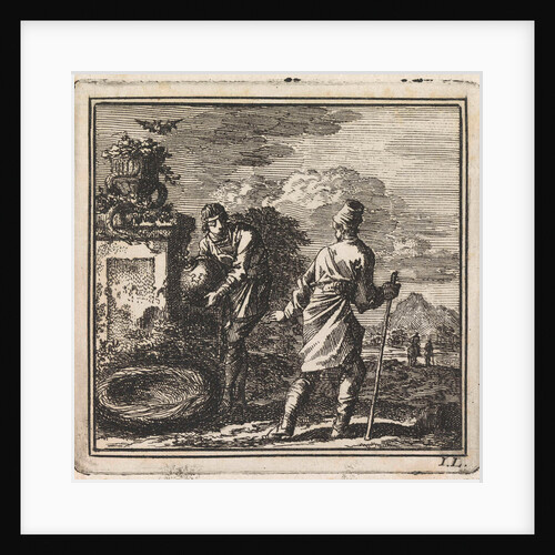 Man is about to lay a globe in a nest by Pieter Arentsz & Cornelis van der Sys II