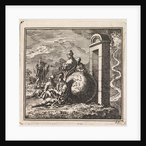 Before a narrow gate a few men rest near a globe by Cornelis van der Sys II