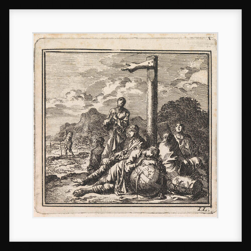 Six figures near a globe at a signpost by Pieter Arentsz & Cornelis van der Sys II