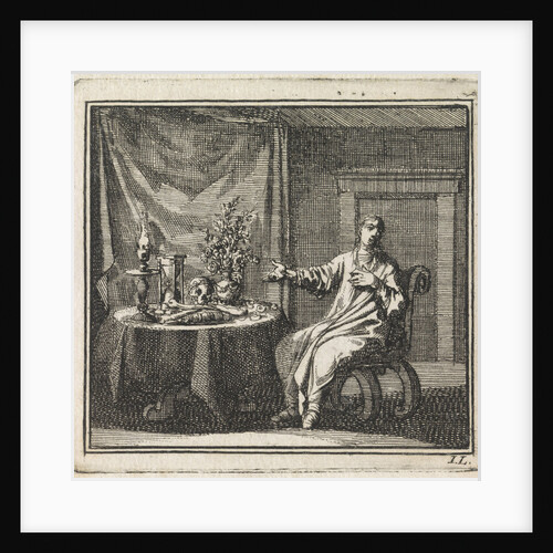 Woman pointing at the vanitas symbols on the table before her by Pieter Arentsz & Cornelis van der Sys II