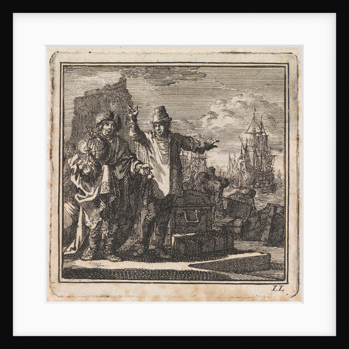 Conversation in a harbour between a man with a globe in his hands and a poorly dressed man with treasures by Pieter Arentsz & Cornelis van der Sys II