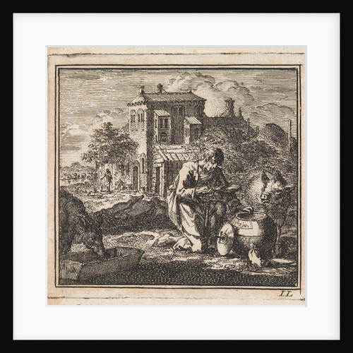 Poor man kneels between pigs and takes food from a vessel in the shape of the world by Cornelis van der Sys II