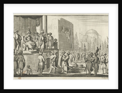 Man negotiates on throne with the leaders of the rebellious Janitzaren at Constantinople by Jan Luyken