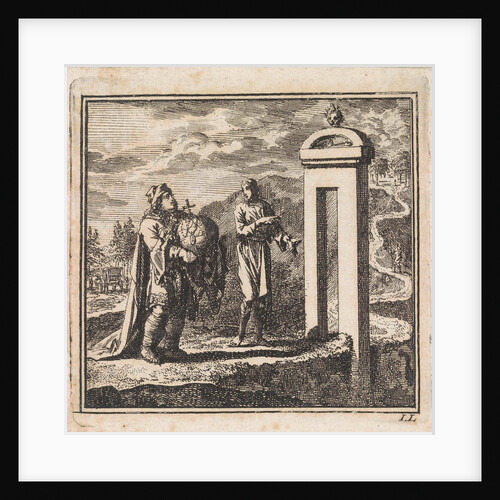 To pass through the narrow gate that leads to the narrow road, the man carrying the globe is too wide by Pieter Arentsz & Cornelis van der Sys II
