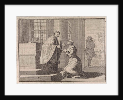 Priest gives a host to a woman kneeling before the altar by Frantz Martin Hertzen