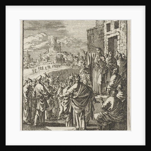 Peter preaches on doorstep of a home by Barent Visscher