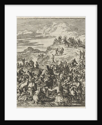 Apostles give bread to the crowd, Christ on a mountain top by Barent Visscher