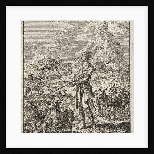 Moses with his shepherd's staff under the arm is in the midst of his flock in the wilderness of Midian by Barent Visscher