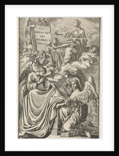 Allegorical female figure describes a panel in the clouds by Pieter Mortier