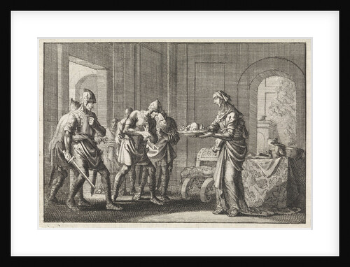 Mother shows warriors the remains of her child, eaten during the famine in Jerusalem by Pieter Mortier