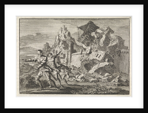 Roman soldiers make a tower on the wall of Gamala collapse by undermining it by Pieter Mortier