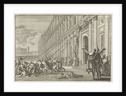 The golden eagle of Herod is torn off the temple by people with ropes by Pieter Mortier