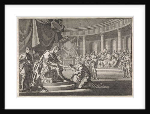 Archelaus, son of Herod, kneels before Caesar Augustus in Rome by Pieter Mortier