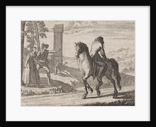 Nobleman who has gone insane sitting backwards on a horse by Christoph Weigel