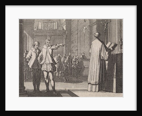 Young man pointing to a priest at the altar by Christoph Weigel