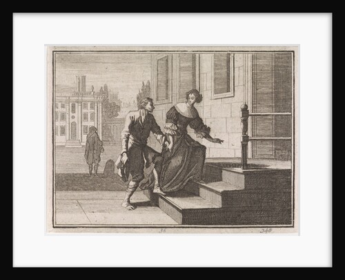 Wealthy woman leading a beggar up the doorstep of her home by Christoph Weigel