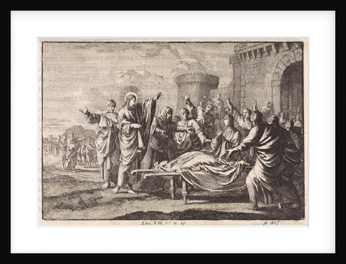 Christ touches the bier of the son of the widow of Nain, the young man sits up by Pieter Mortier