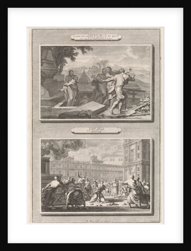 Elisha's bones make a deceased man come to life and the stoning of the prophet Zechariah by Pieter Mortier