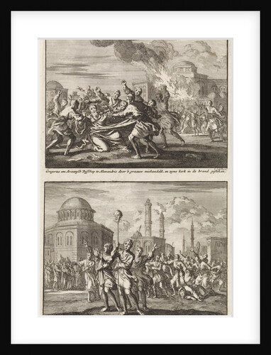 Gregory, a bishop, being ill-treated by opponents and the beheading of a monk in Constantinople by Barent Visscher