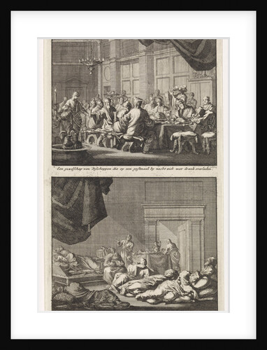 Bishops at a table and drunken bishops asleep in a room by Barent Visscher