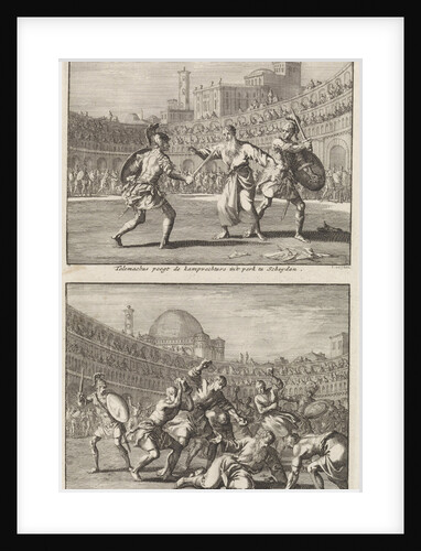 Holy Telemachus of Rome interrupts a gladiatorial combat, and the stoning of Saint Telemachus by Barent Visscher