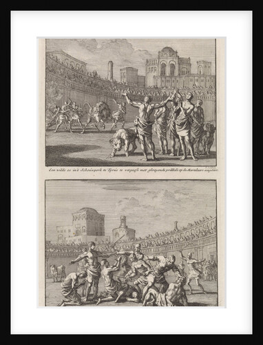 Early Christian martyrs in a Roman arena and Early Christian martyrs who are being slaughtered in an arena by Barent Visscher