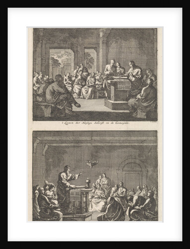 Early Christian community listening to a reading from the Bible and Early Christian community listens to a sermon by Jacobus van Hardenberg