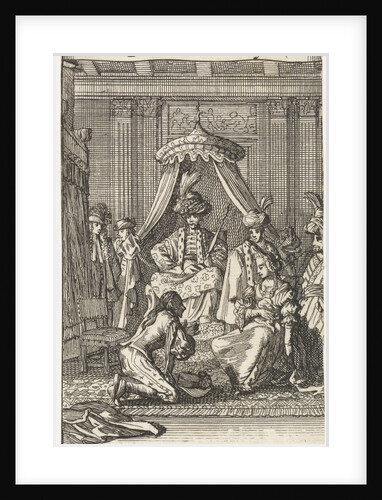Santillane kneeling in a bedroom in the presence of Guzman, Fabrice, Don Lope and Don Carlos for his wife Leonor by Adriaan Braakman