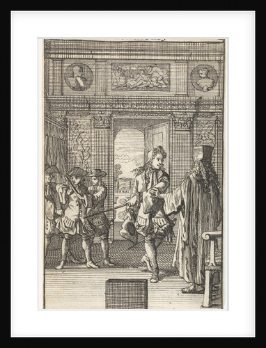 Octave points Julie Bernadille who is guided by two servants by Adriaan Braakman