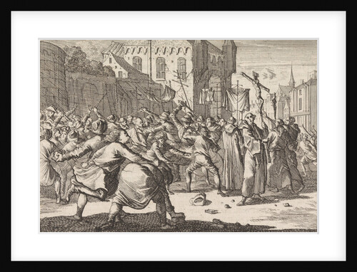 In Danzig a procession is greeted by people throwing stones by Pieter van der Aa I