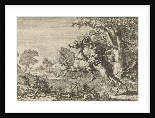 Man strapped on the back of a deer sent into the wilderness by Pieter van der Aa I