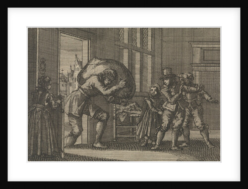 During the siege of La Rochelle the widow of Prosui is brought a sack of grain, 1628 by Pieter van der Aa I