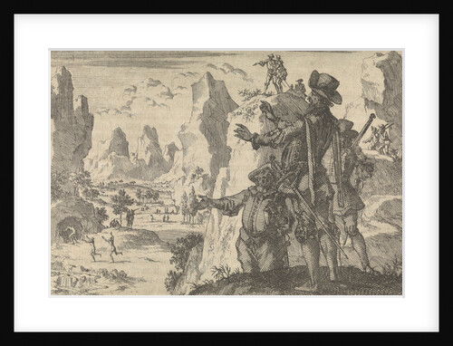 Armed Spaniards watching wild people from rocks, ca. 1600 by Pieter van der Aa I
