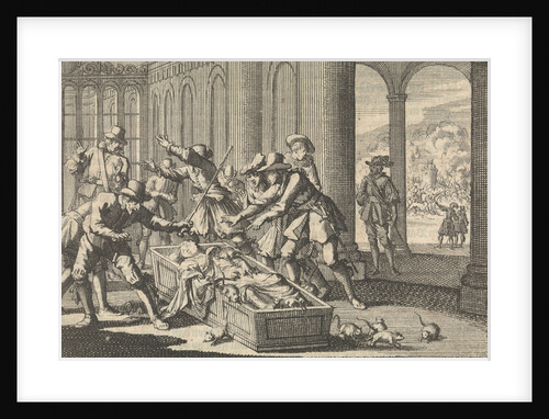 Servants of the Duke of Aumale attempt to shoo away the rats in his coffin by Pieter van der Aa I