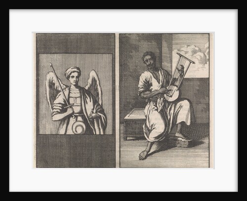 Angel with sword, Moor plays five stringed instrument by Jan Luyken