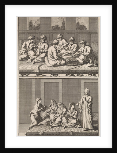 Company of six smoking and chess-playing Turks, Company of coffee drinking four women and a slave by Jan Luyken