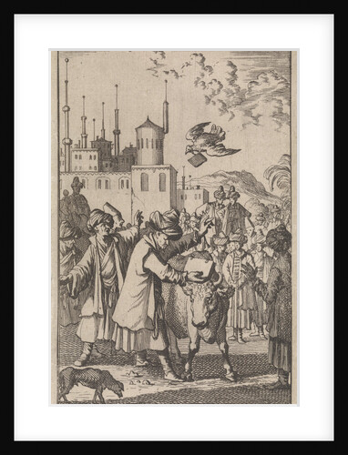 On a large square a crowd of Turks sees how Mahomed takes a book that is held between the horns of a bull by Timotheus ten Hoorn