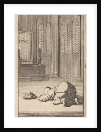Interior of a mosque with a figure kneeling in prayer by Timotheus ten Hoorn