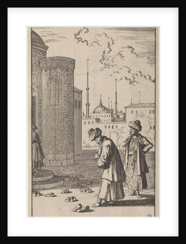 On a square two Turks are walking towards a mosque where before the entrance are a few pairs of shoes by Timotheus ten Hoorn