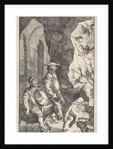 Don Quichotte and Sancho ride past a smithy which they think is the entrance to hell. Caspar Luyken by Pieter Mortier