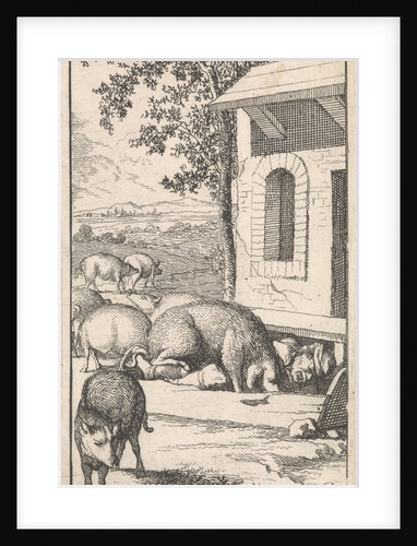 Sancho sleeping in a pig trough before a farm by Pieter Mortier