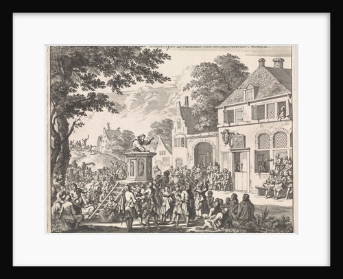 Monk preaching from a pulpit in front of an inn by Jan Luyken