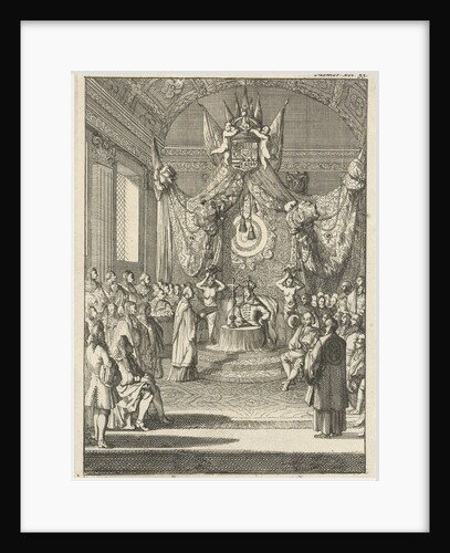 Charles II, King of Spain, listens from his throne to the terms of the Peace of Nijmegen by Willem Broedelet