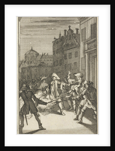 Mirandor and Belindor in Paris attacked by disguised men on a street by Pieter van Rijschooten