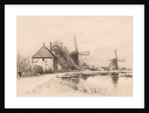 Houses and two windmills along a river by Elias Stark